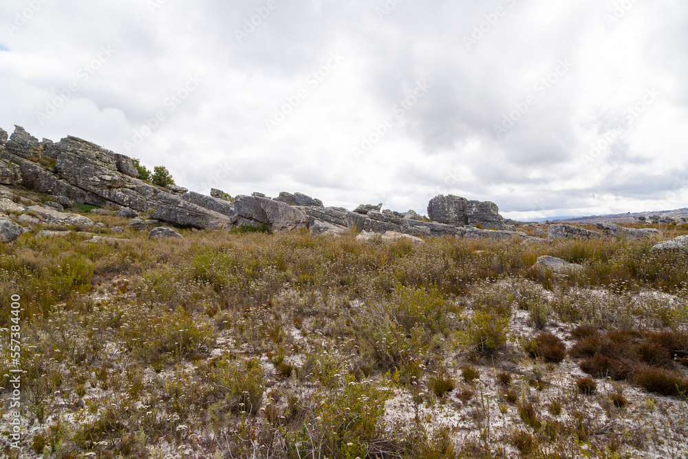 Landscape in the Mountains near Porterville with green bushes, clouds and rocks, Western Cape, South Africa