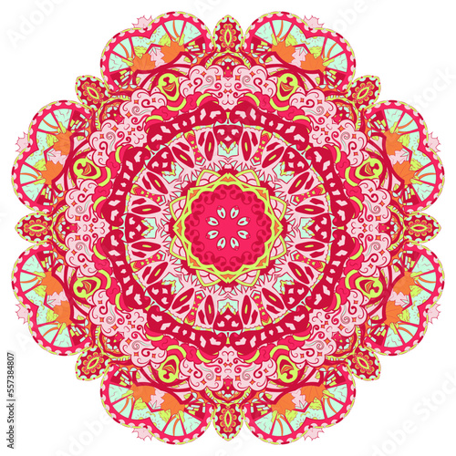 Mandala. Tracery wheel image. Mehndi design. Ethnic doodle art. Curved doodling picture. Vector