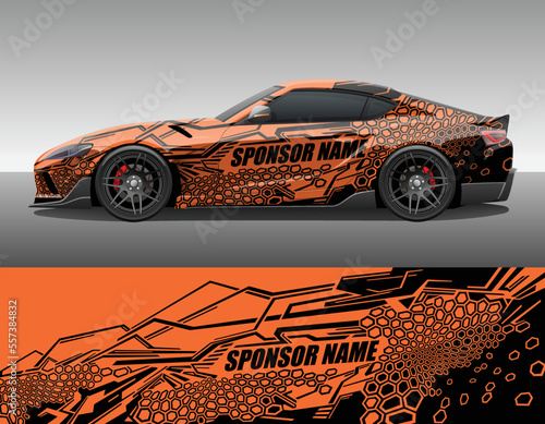 Car wrap vinyl racing decal ornament. Abstract geometric striped hexagonal flat ornament. Camouflage sport background design print template. Vector illustration.
