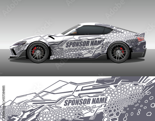 Car wrap vinyl racing decal ornament. Abstract geometric striped hexagonal flat ornament. Camouflage sport background design print template. Vector illustration.