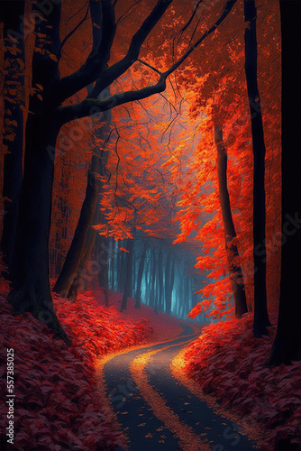 beautiful forest in autumn with red and orange leaves. generative ai
