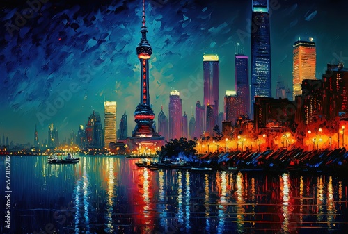 illustration with brush stroke texture, oil painting style, cityscape view inspired from Shanghai, China