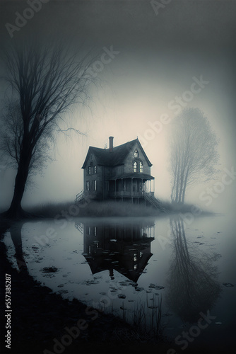 mysterious house in spooky foggy lake. Mystery concept. generative ai