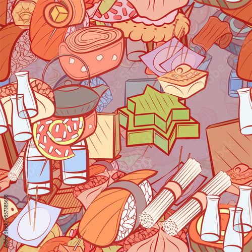 Background pattern abstract design texture. Seamless. Japanese food and Snacks. Theme is about wok, sushi salmon, bacon, fish, star, crab meat, roll salmon, soba, caviar, kyusu, sauce cup