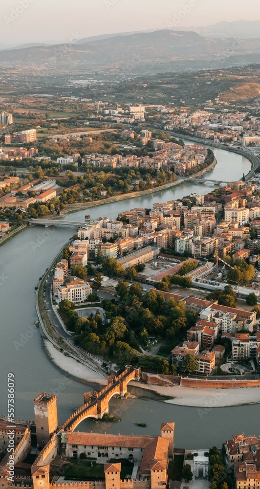 Aerial view of verona during sunset, aerial view of italian city during sunrise