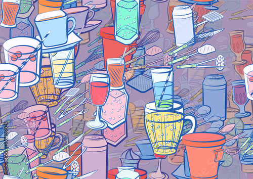 Background pattern abstract design texture. Seamless. Drinks and Cutlery. Theme is about thread, soda can, drinking straw, meat fork, citrus, grater, alcohol, cream, cocktail, potato peeler