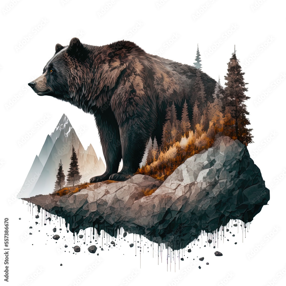 grizzly brown bear in the wilderness visualization on isolated background - obrazy, fototapety, plakaty 