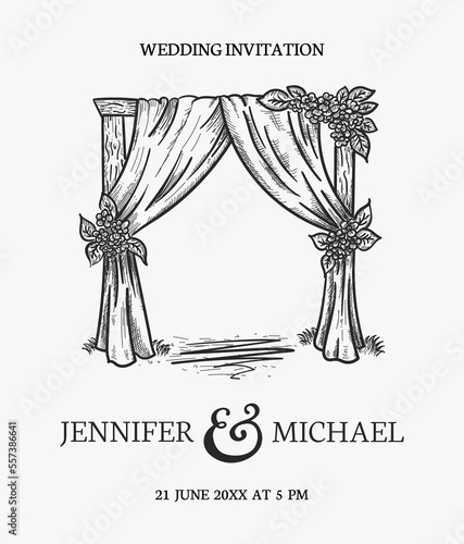 Outdoor or garden wedding ceremony decorative arch vector hand drawn illustration