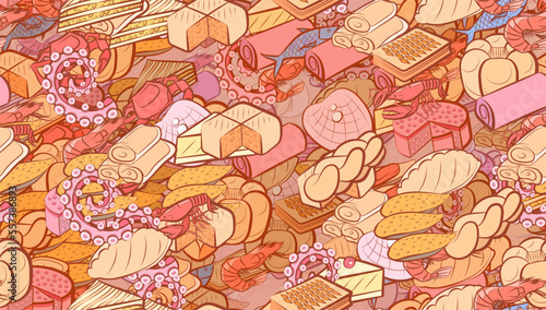 Background pattern abstract design texture. Seamless. Bakery products and Seafood. Theme is about cheesecake, bread, fried, pancakes, sandwich, round, bakery, two-layer, pie, strudel, mini buns
