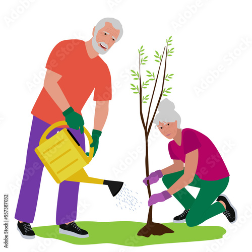 Older man and woman working in the garden