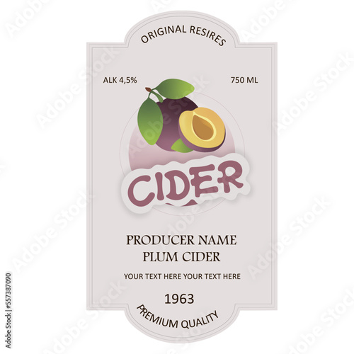 Label for cider in a square frame with a plum on a light purple background.
