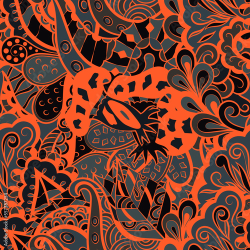 Tracery seamless pattern. Mehndi design. Dark sharp colors. 6 colors. Ethnic doodle texture. Curved doodling background. Vector