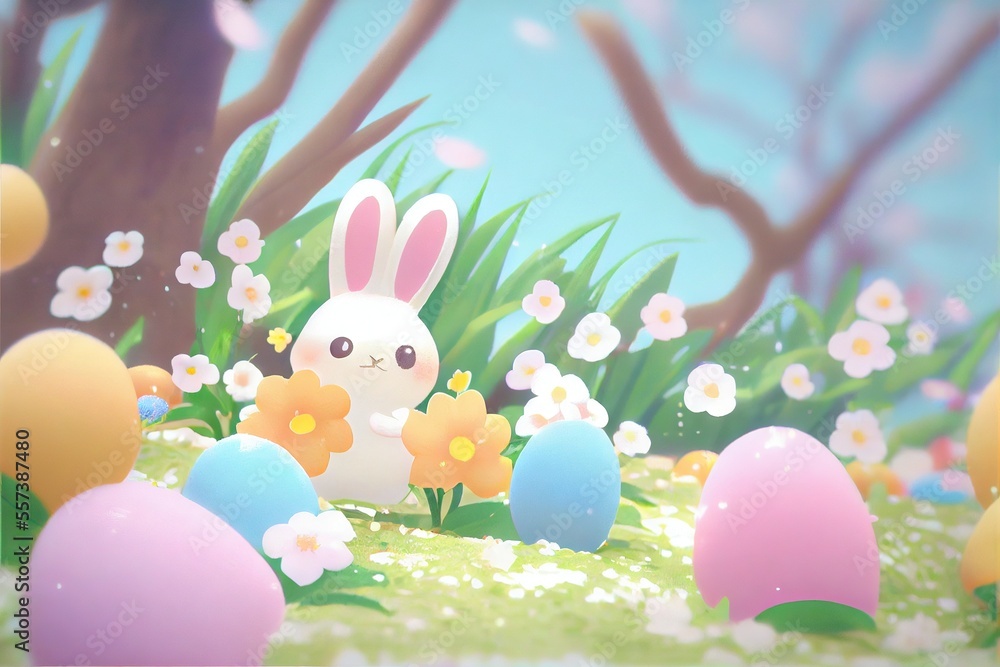 Obraz premium Easter Bunny - generative AI image of the Easter Bunny with pastel colors to commemorate the Catholic Easter Sunday holiday. Fluffy seasonal bunny with bright colors