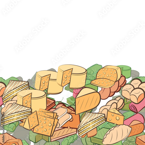 Background pattern abstract design texture. Cheeses and Bakery products. Horizontal seamless stripe. Border frame, transparent background. Theme is about classical, pancakes, spicy, bread