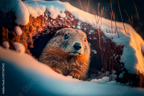 Happy Groundhog Day. Groundhog Emerging from a Snow . Generative AI