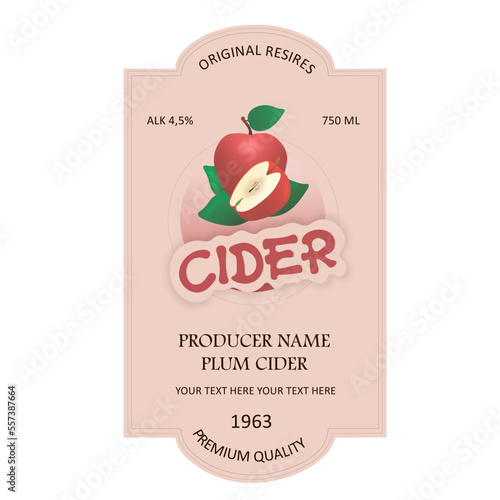 Label for cider in a square frame with an apple on a light red background.