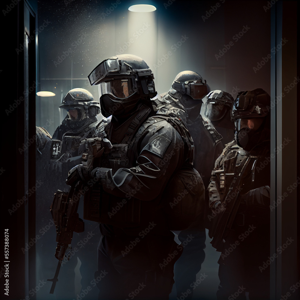 Naklejka premium Non city-specific SWAT team in full riot gear preparing, Fast response unit in full gear, generative ai