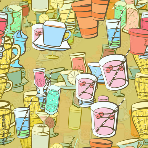Background pattern abstract design texture. Seamless. Drinks. Theme is about alcohol, cardboard, kvass, drinking straw, figured glass, drink, lemon, hot drink, glass, plastic, cream, compote