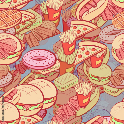 Background pattern abstract design texture. Seamless. American food. Theme is about potato, bakery products, french fries, piece, steak, American cake, cut, hamburger, Hot Dog, cutlet