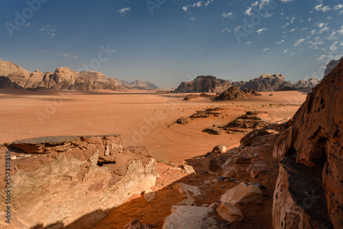 Wadi Rum Desert Landscape with Mountains and Red Sand in Jordan