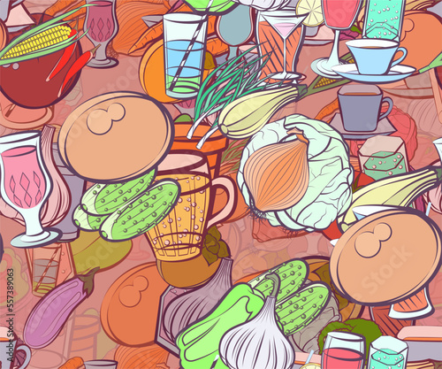 Background pattern abstract design texture. Seamless. Health food and Drinks. Theme is about garlic head, beer, in the leaves, tomato, bottle, drinking tube, zucchini, plastic, cola, a stack