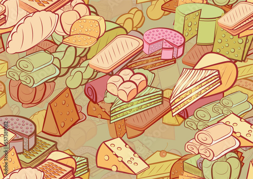Background pattern abstract design texture. Seamless. Cheeses and Bakery products. Theme is about strudel, pancakes, bakery, lies, a sandwich, hard cheese, roll, classical, cheese, triangle