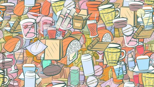 Background pattern abstract design texture. Seamless. Japanese food and Drinks. Theme is about hot drink, lemon, Cup, Martini, citrus, cream, aluminum, drinking tube, plastic, ice cream
