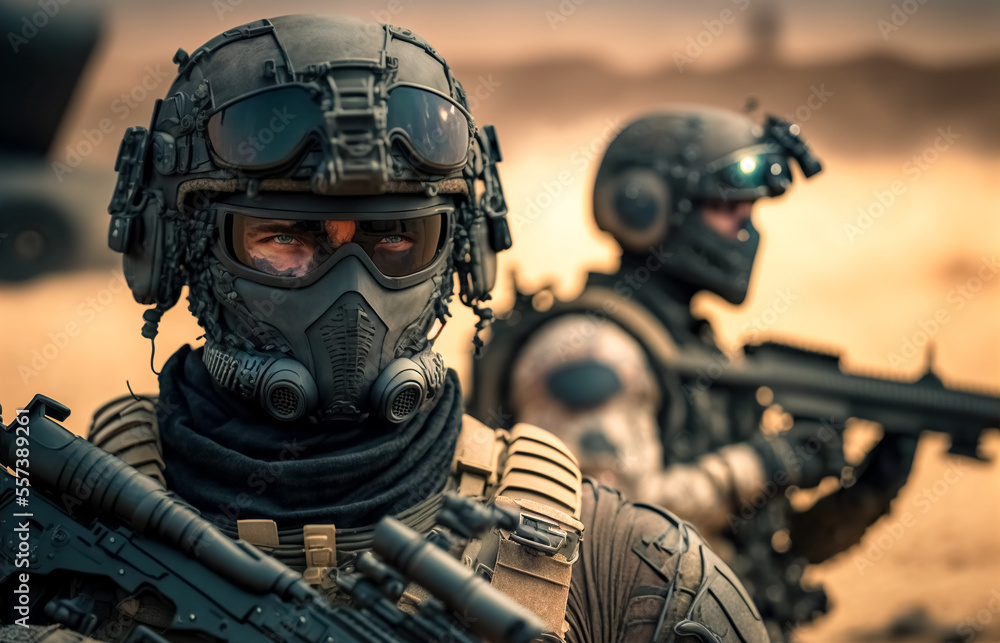 Realistic digital illustration of elite special forces soldier in war equipped with combat armor and assault rifle in war zone. Military on the background of military equipment