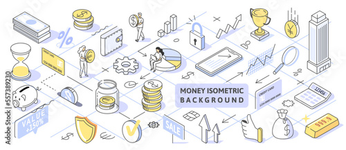 Money Isometric Concept. Use for web page, banner, infographics. Flat illustration editable line. People with Dollar background