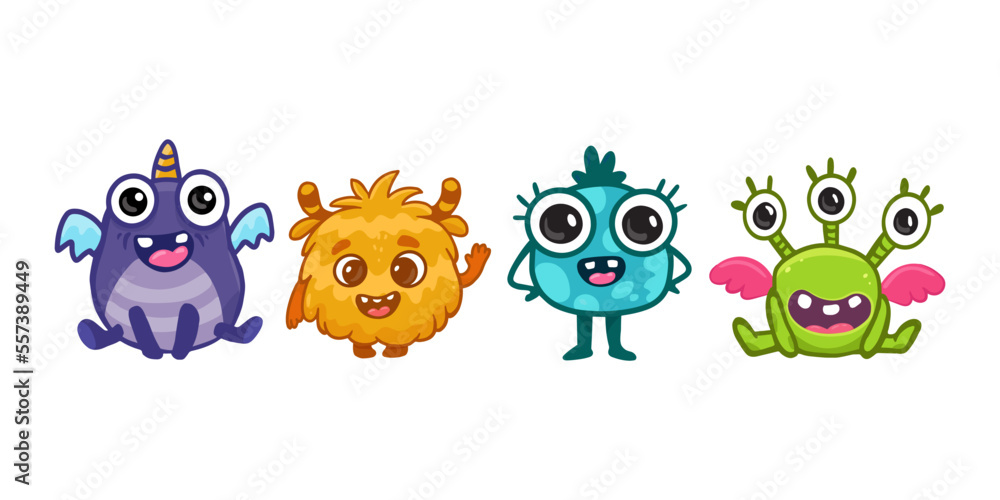 Set of cute cartoon monsters.Funny characters on white background.Icon monster.Alien.Vector