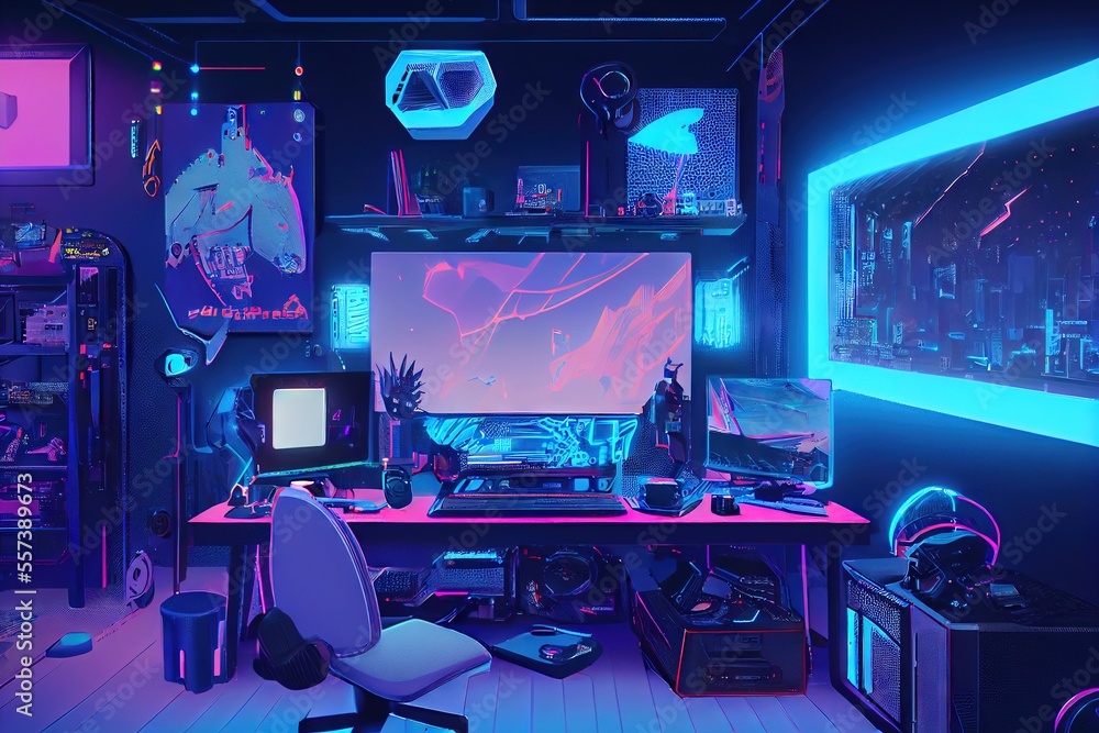 Modern Video Game Streamer Room - colorful blue and pink neon-colored room  with gadgets and gaming PC for gamers and streamers to play and compete  online from their room Stock Illustration