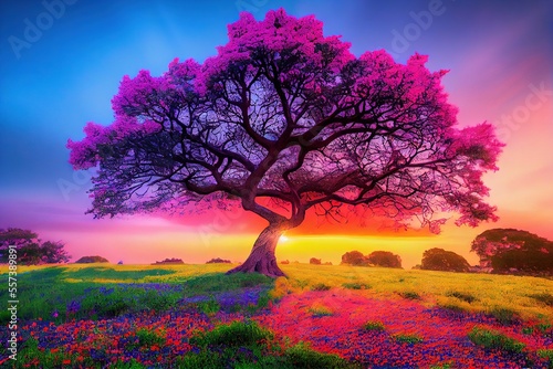 Tree of Life - digital art made by generative AI depicting the tree of life growing in the wild. Glowing and magical, this tree has the spirit of Gaia and provides planetary energy photo