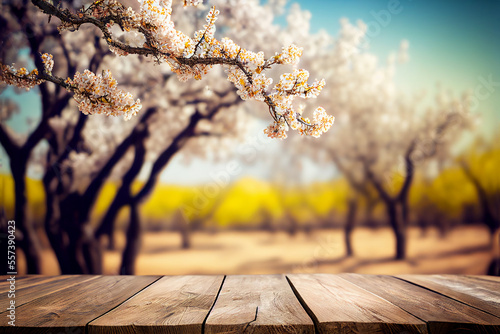 Print op canvas Wooden table and blooming almond orchard in spring for product and merchandise d