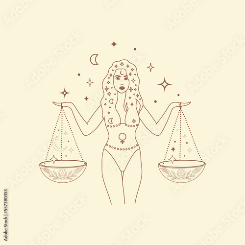 Libra Girl Zodiac Sign Design Illustrations. Esoteric Vector Element, Icon. Brown Color Option.
