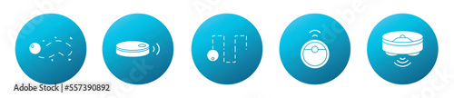 Automatic vacuum cleaner modern circle icon set, robotic household gadget concept, cleansing device flat style vector icons, mobile floor washer emblems, hoover robot symbols isolated on background