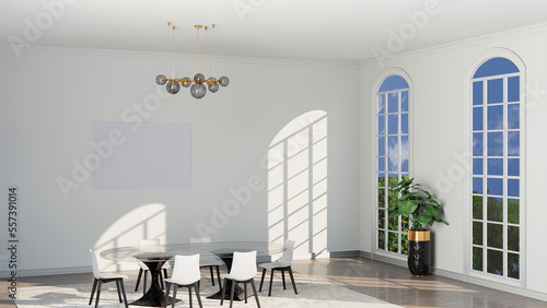 Large Picture Canvas Mockup with no frame in the bright interior with table and chairs French window  3D rendering