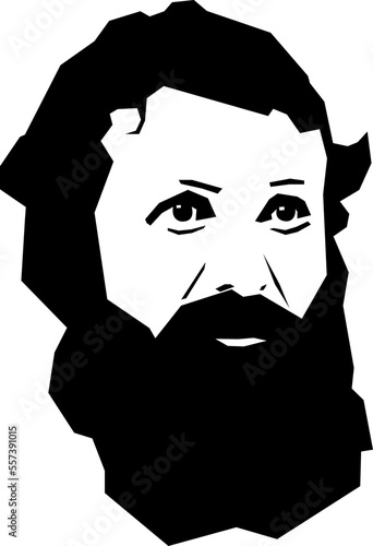 John Muir, 1838 - 1914, Portrait at age 37, Naturalist and Author, stylized black and white vector illustration