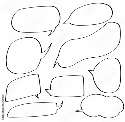 set collection hand drawn doodle speech bubbles. talk, cloud, cartoon, chat, comic, icon, balloon, design, illustration, message, sign, communication, speak, symbol, dialog, text, think. vector design
