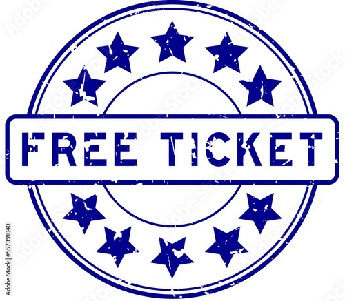 Grunge blue free ticket word with star icon round rubber seal stamp on white background
