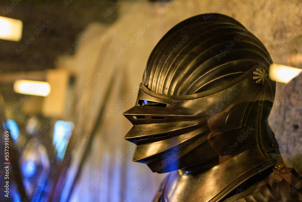 Knight armour. Background with selective focus and copy space Knight armour. Background with selective focus and copy space