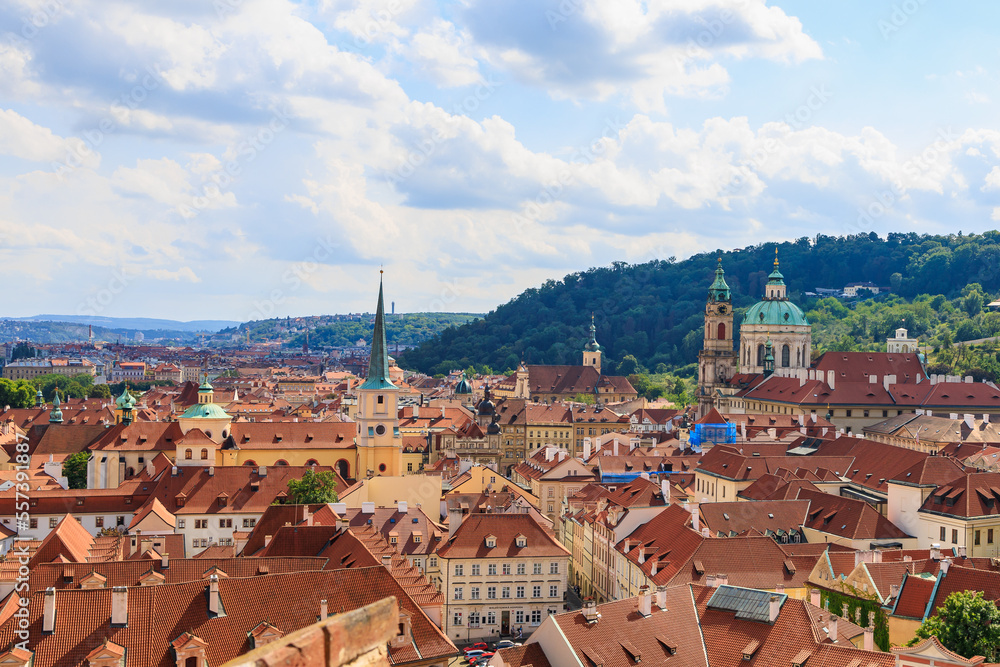 Roofs of houses and a view of the city of Prague. Background with selective focus and copy space