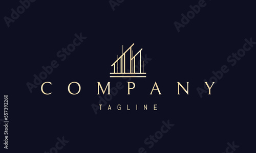 Vector golden logo on which an abstract image of a modern house in the form of the letter M.