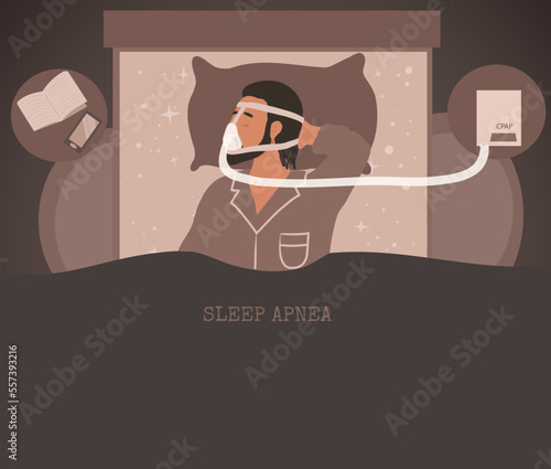 Man in mask sleeping with Cpap machine, concept of healthy sleeping.(CPAP) therapy treatment obstructive sleep apnea. Sleeping problems and disorders collections. Cartoon flat 