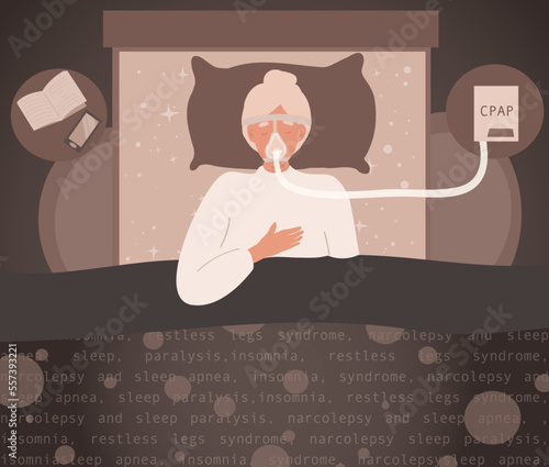 Old, elder Woman in mask sleeping with Cpap machine, concept of healthy sleeping.(CPAP) therapy treatment obstructive sleep apnea. Sleeping problems and disorders collections. Cartoon flat 