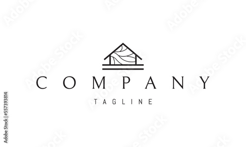 Vector logo on which an abstract image of a wooden house with a pattern of tree branches.