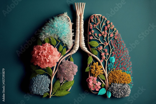  Abstract human lungs formed by compositing a mix of different plant life, denoting health and wellbeing. Plain background. Created with generative ai. photo