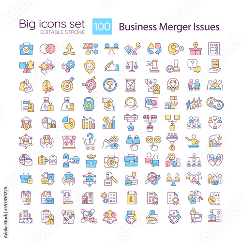 Company merger RGB color icons set. Financial transactions. Acquisition strategies. Isolated vector illustrations. Simple filled line drawings collection. Editable stroke. Quicksand-Light font used © bsd studio