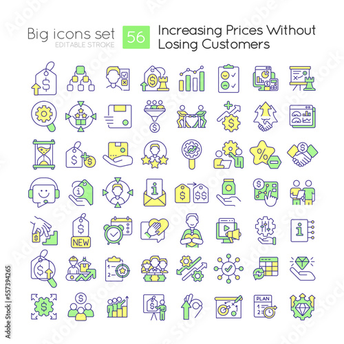Increasing prices without losing customers RGB color icons set. Business strategy. Isolated vector illustrations. Simple filled line drawings collection. Editable stroke. Quicksand-Light font used