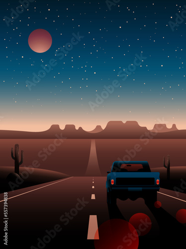Night landscape of the desert and the car on the background of the mountains  stars and the moon.