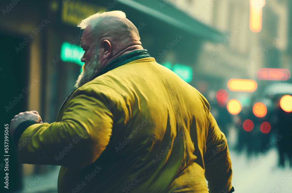 Fat and ugly bearded old aged man walking on the street. Generative ai. Stock Illustration